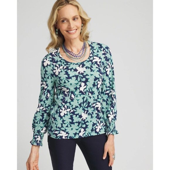 Chico's Floral Smocked Cuff Tee Womens XL Blue Bloomcore Peasant Boho Hippie‎ - Picture 1 of 16